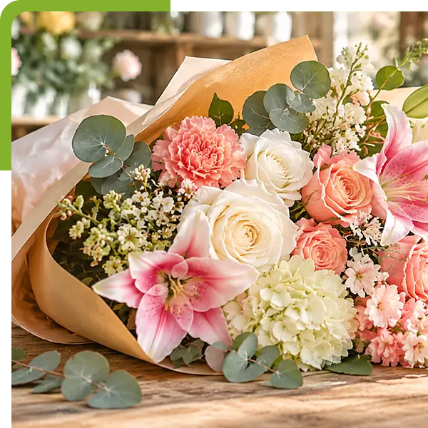Fresh mixed flower bouquet featuring pink lilies, blush and white roses, peach blooms, soft green hydrangeas, 
                         delicate white filler flowers, and eucalyptus greenery wrapped in kraft paper on a rustic florist worktable from Shoreline Florist in Mystic, CT