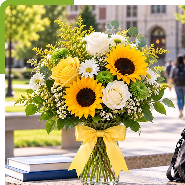 Bright sunflower bouquet with yellow roses, white roses, daisies, green chrysanthemums, blue flowers, yellow filler blooms, and eucalyptus greenery 
                        arranged in a clear glass vase on a stone bench outside a university campus from Shoreline Florist in New London, CT