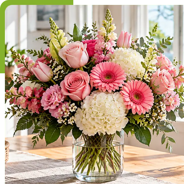 Pink and white flower bouquet in a glass vase overlooking a coastal view.