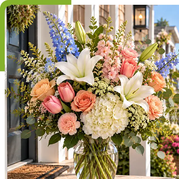 Lush floral bouquet featuring white lilies, peach roses, pink tulips, coral carnations, blue delphinium, white hydrangeas, delicate filler flowers, and eucalyptus in a clear glass vase on a seaside porch overlooking a marina from Shoreline Florist in Niantic, CT
