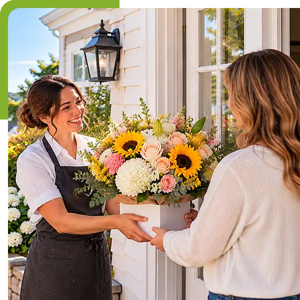 Florist delivering a colorful sunflower bouquet to a Black woman at a coastal home for Centerbrook flower delivery
