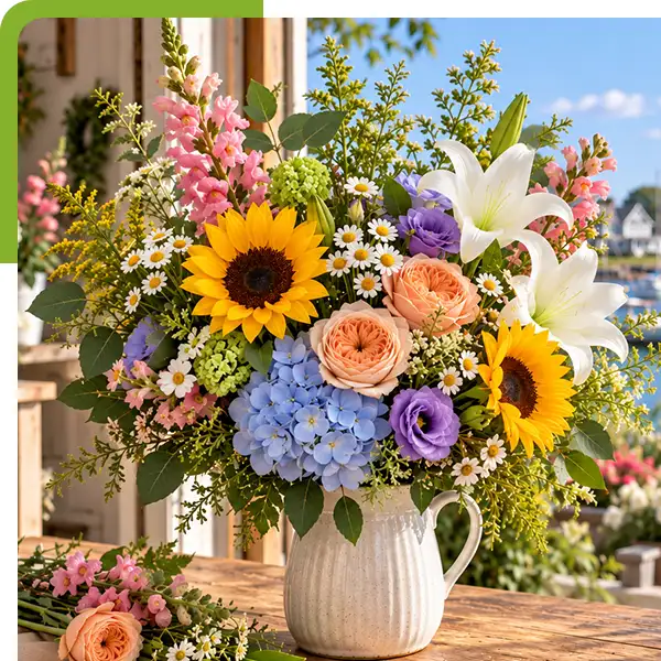 Lush floral arrangement of sunflowers, peach roses, blue hydrangeas, white lilies, daisies, and greenery in a white ceramic vase overlooking a scenic coastal harbor from Shoreline Florist in Old Saybrook, CT
