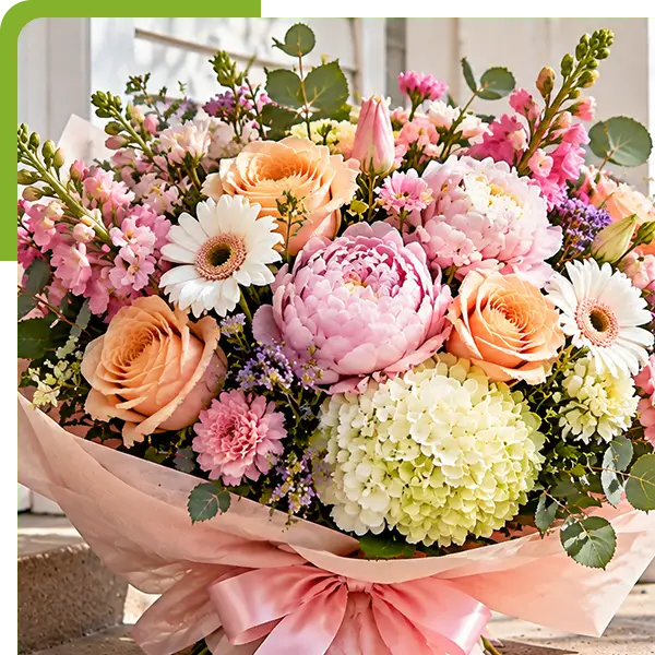 Pastel bouquet of roses, peonies, daisies, and hydrangeas by the coast.