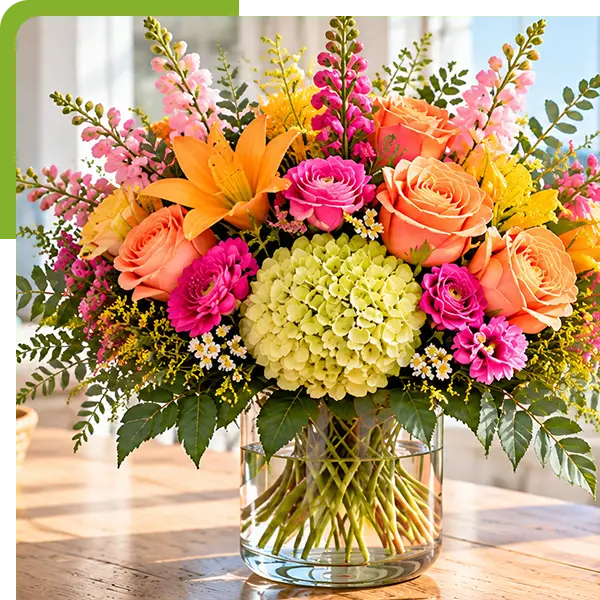 Colorful orange, pink, and yellow flower bouquet in a glass vase overlooking the coast.