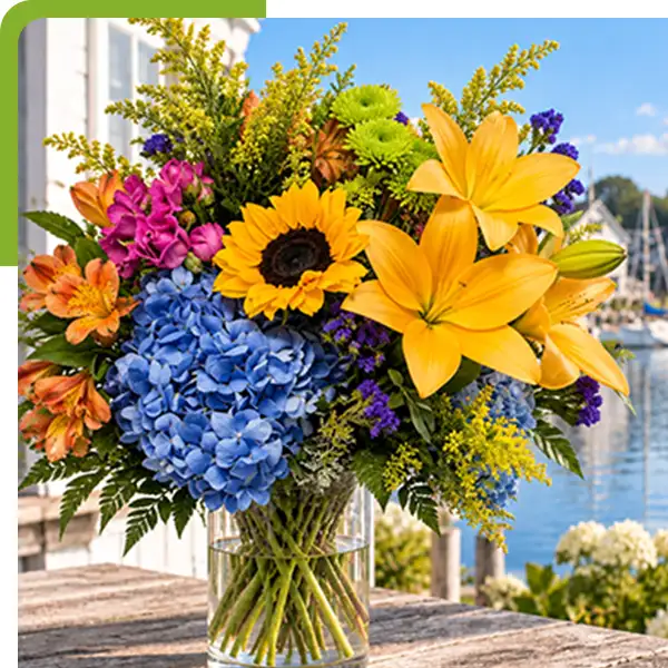 Vibrant bouquet of yellow lilies, sunflower, blue hydrangeas, orange and magenta flowers, purple statice, and green foliage in a glass vase overlooking a sunny coastal harbor from Shoreline Florist in Mystic, CT