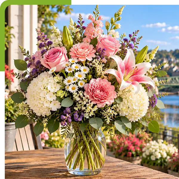 Lush bouquet of pink roses, carnations, white hydrangeas, daisies, pink lilies, purple flowers, and greenery in a 
                  clear glass vase on a wooden table overlooking a scenic riverside town from Shoreline Florist in Norwich, CT