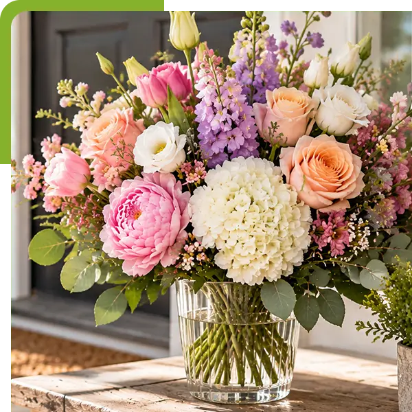 Colorful bouquet of pink, peach, white, and lavender flowers in a glass vase from Shoreline Florist in Killingworth, CT
