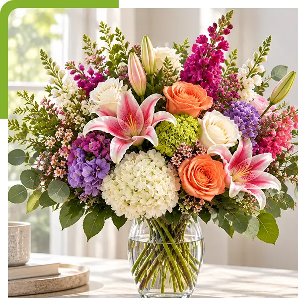 Lush mixed flower arrangement featuring pink lilies, peach and white roses, purple blooms, green hydrangeas, pink snapdragons, delicate filler flowers, and eucalyptus greenery in a clear glass vase on a marble table from Shoreline Florist in Niantic, CT