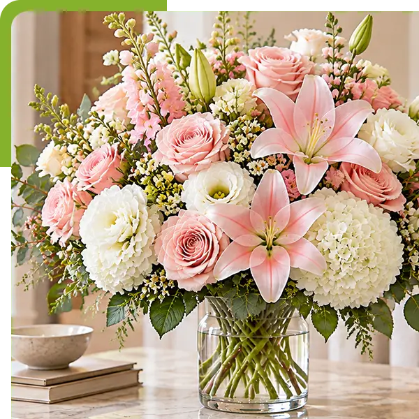 Pastel pink and white sympathy bouquet in a glass vase on a table.