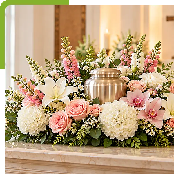 Cremation urn surrounded by a soft pink and white floral tribute in a peaceful chapel.