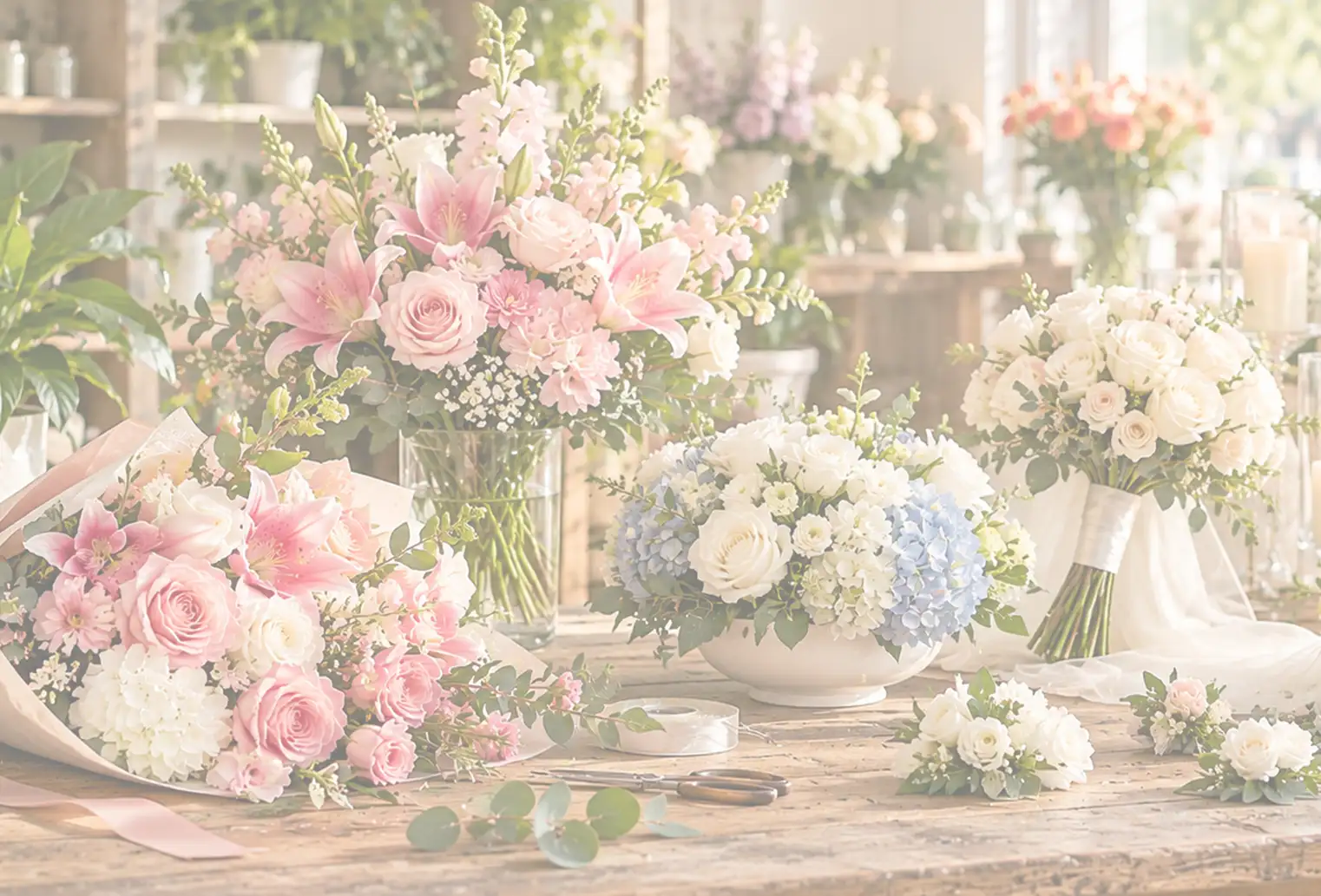 Bright florist studio with fresh bouquets, wedding flowers, corsages, plants, and greenery in Shoreline Florist