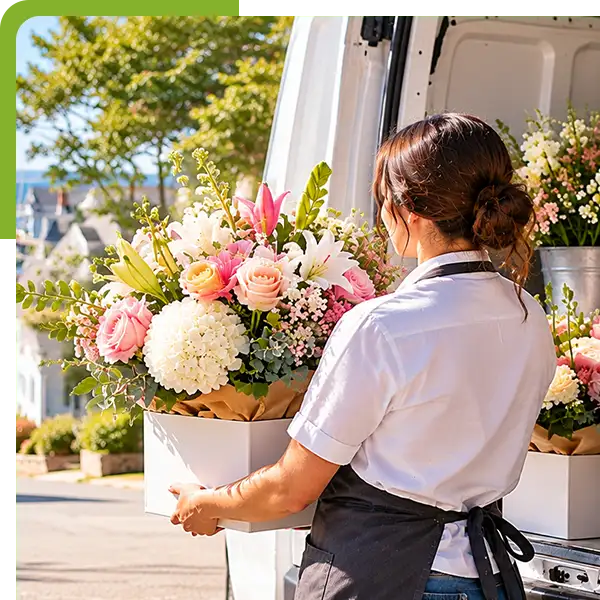 Florist delivering fresh flowers in a coastal community from Shoreline Florist