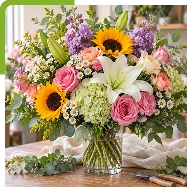 Lush mixed flower bouquet with sunflowers, white lilies, pink roses, green hydrangeas, purple flowers, daisies, and eucalyptus arranged in a clear glass vase from Shoreline Florist in Groton, CT