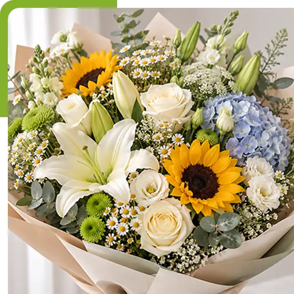 FWhite sympathy flower arrangement with crème roses, white lilies, alstroemeria, white chrysanthemums, eucalyptus, and limonium from Shoreline Florist in East Lyme, CT