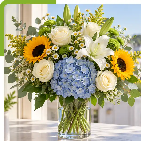 Lush bouquet of white roses, lilies, sunflowers, blue hydrangeas, and greenery in a glass vase with a bright marina view in the background for Groton flower delivery