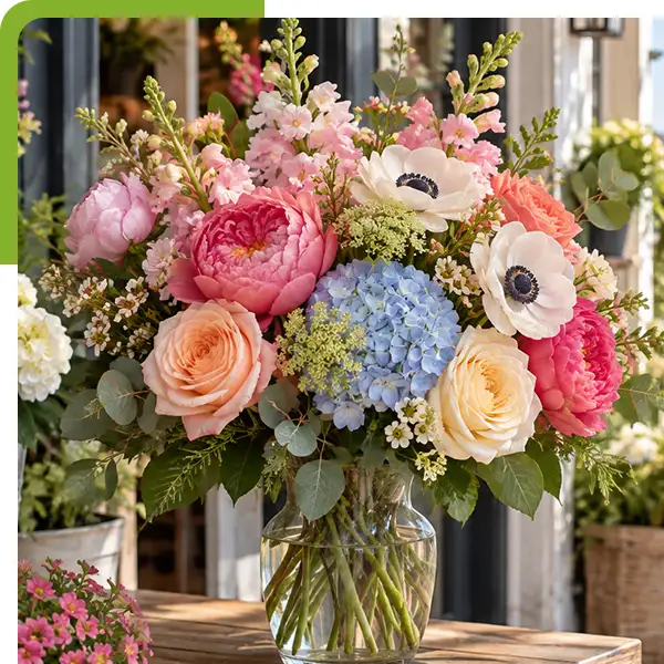 Colorful floral bouquet featuring pink peonies, peach and cream roses, white anemones, blue hydrangeas, pink blooms, eucalyptus, and greenery in a clear glass vase outside a flower shop overlooking a scenic waterfront from Shoreline Florist in New London, CT