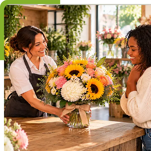 Florist presenting a sunflower bouquet to a customer in a flower shop from Shoreline Florist in Centerbrook, CT