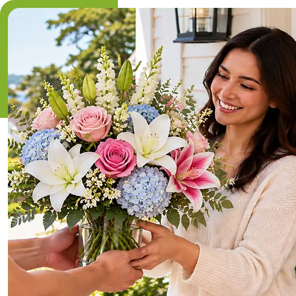 Flower delivery being handed to a smiling woman at a coastal home.