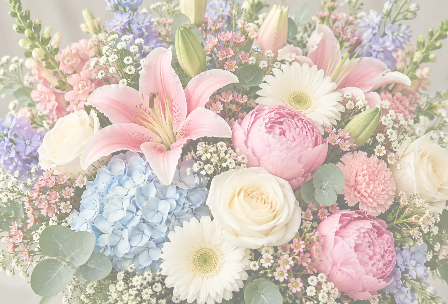 Colorful mixed bouquet of pink, white, blue, and lavender flowers in Centerbrook, Connecticut
