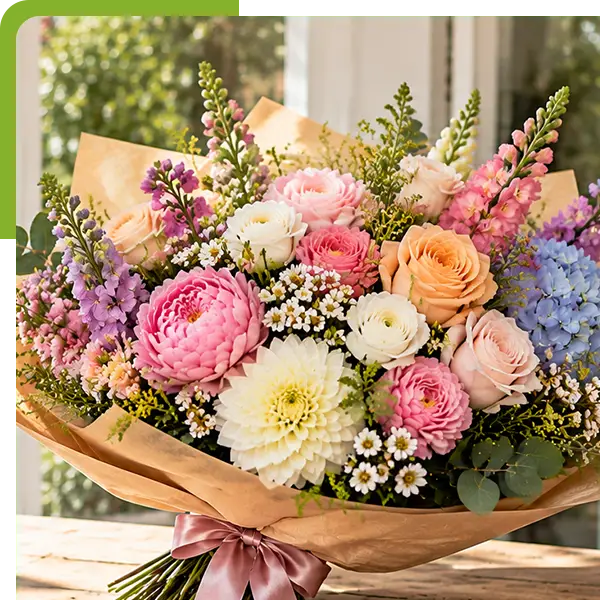 Colorful bouquet of pink, peach, white, lavender, and blue flowers wrapped in kraft paper for Killingworth flower delivery