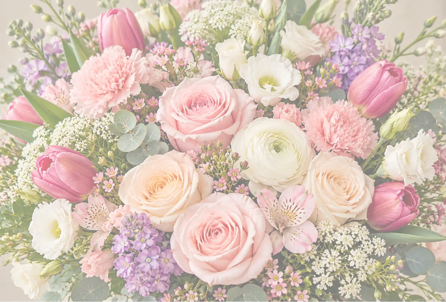 Lush bouquet of pink, peach, white, and purple flowers with eucalyptus greenery in Ivoryton, Connecticut