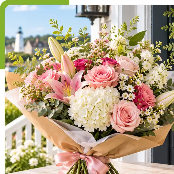Lush pink and white flower bouquet wrapped in kraft paper with a pink satin bow, displayed on a porch overlooking a scenic coastal harbor from Shoreline Florist in Old Saybrook, CT
