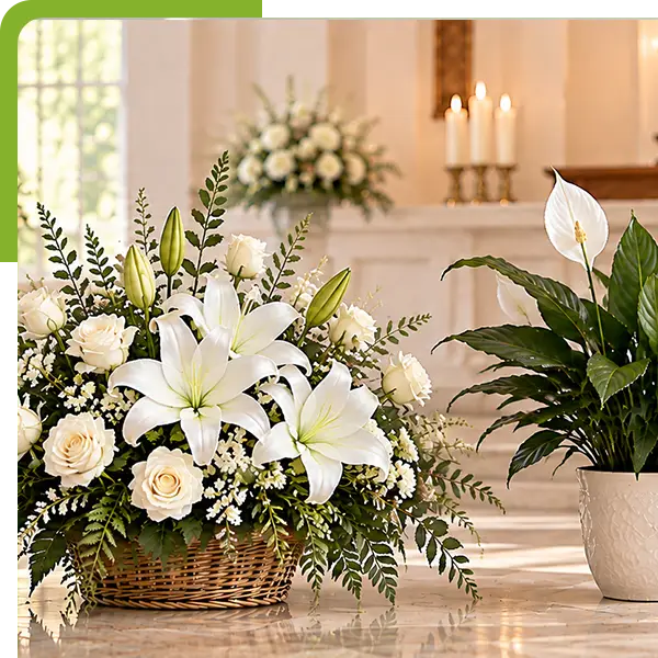 White lily and rose sympathy basket with a peace lily in a chapel.