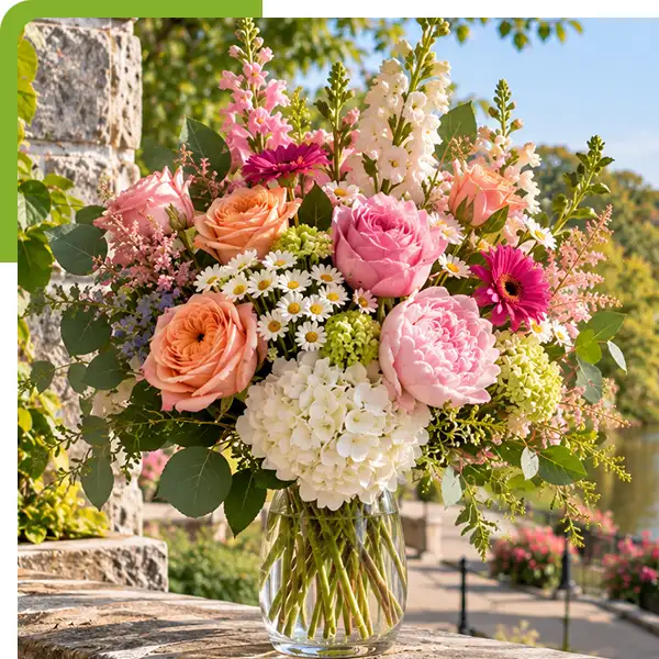 Colorful floral arrangement of pink and peach roses, white hydrangeas, daisies, snapdragons, magenta blooms, and greenery in a glass vase overlooking 
                      a scenic riverside town with a bridge and church steeple from Shoreline Florist in Norwich, CT