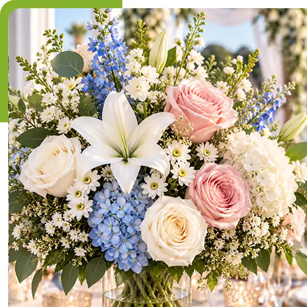 Close-up of an elegant wedding bouquet featuring white lilies, pink and ivory roses, blue hydrangeas, white daisies, blue delphinium, delicate filler flowers, and fresh greenery from Shoreline Florist in Mystic, CT