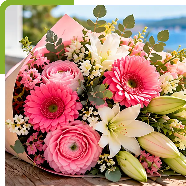 Pink and white flower bouquet wrapped in blush paper on a wooden table overlooking the coast.