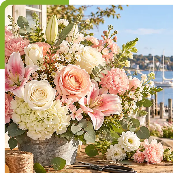 Lush floral arrangement in a metal vase on a wooden worktable overlooking a scenic 
                          Connecticut shoreline with sailboats, waterfront homes, and colorful garden flowers from Shoreline Florist