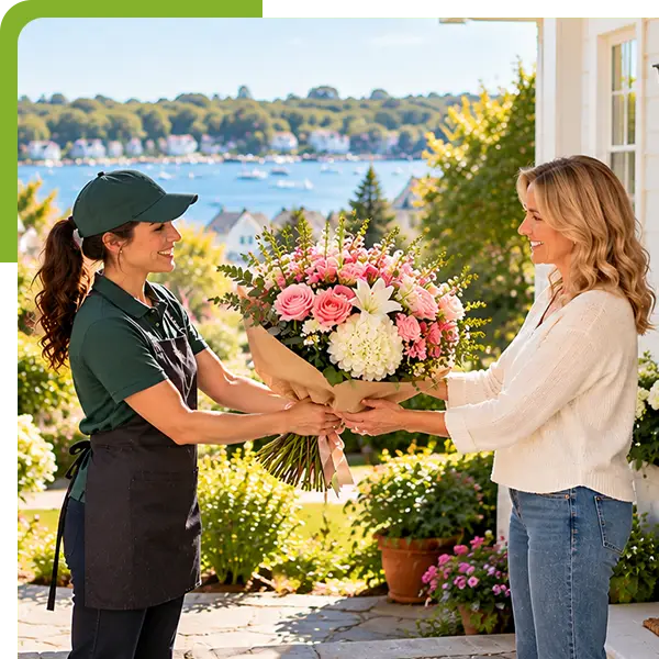 Florist delivering a colorful bouquet to a customer outside a coastal home in the background for Essex flower delivery