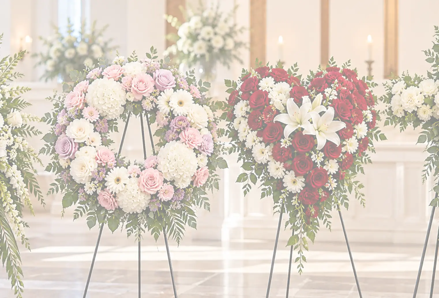 Funeral floral tributes featuring a spray, wreath, heart, and cross on easels.