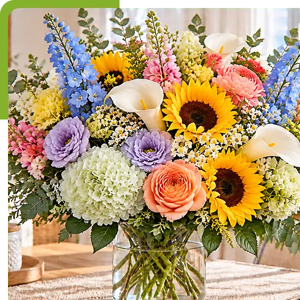 Colorful sunflower bouquet with calla lilies, roses, hydrangeas, and purple blooms by a coastal window from Shoreline Florist in Branford, CT