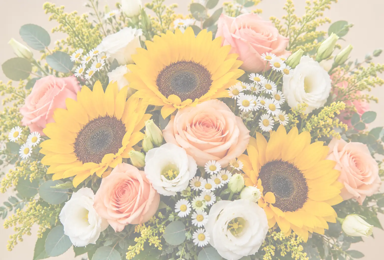 Bright bouquet of sunflowers, peach roses, and white flowers with greenery in Killingworth, Connecticut