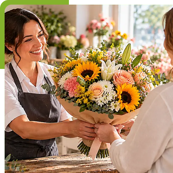 Florist presenting a sunflower bouquet to a customer from Shoreline Florist.