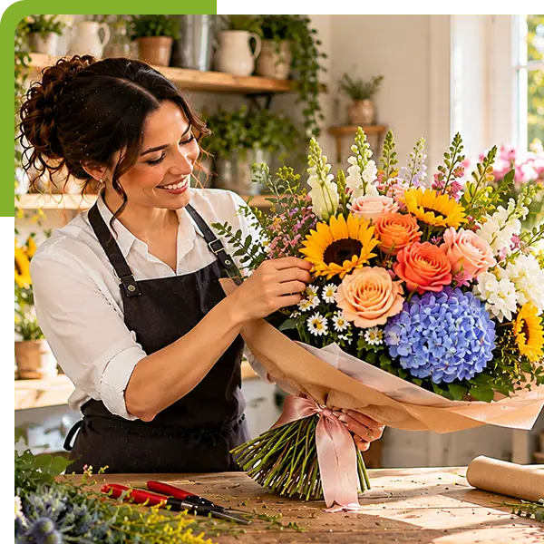 Florist arranging a colorful bouquet of sunflowers, roses, hydrangeas, and greenery from Shoreline Florist in Ivoryton, CT