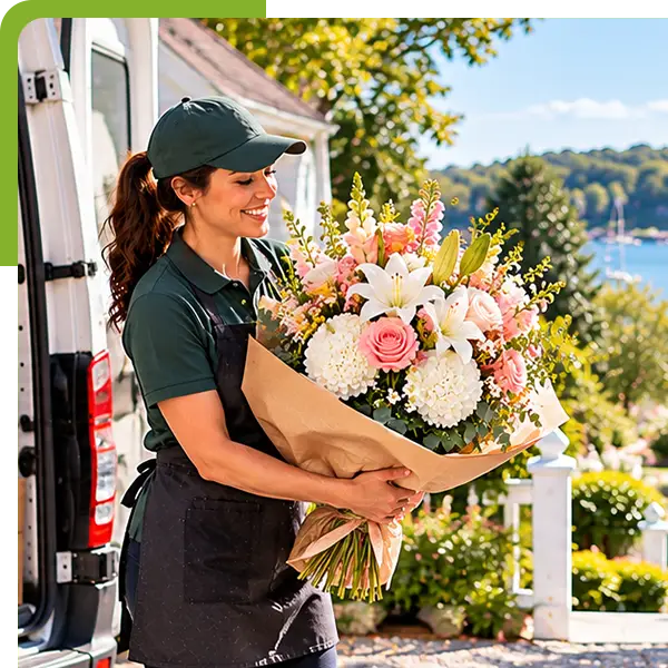 Florist carrying a fresh bouquet from a flower delivery van in the background for Ivoryton flower delivery