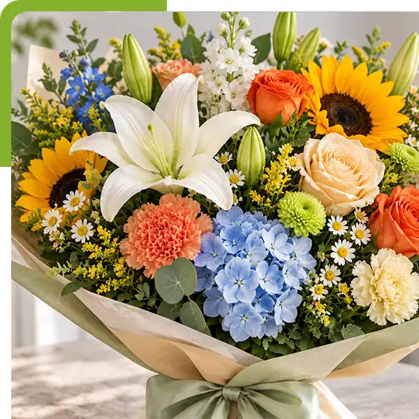 Lush mixed flower bouquet featuring white lilies, orange and yellow roses, blue hydrangeas, 
                      green chrysanthemums, white blooms, yellow filler flowers, and eucalyptus greenery wrapped in 
                      natural-toned paper with a sage-green ribbon from Shoreline Florist in Norwich, CT
