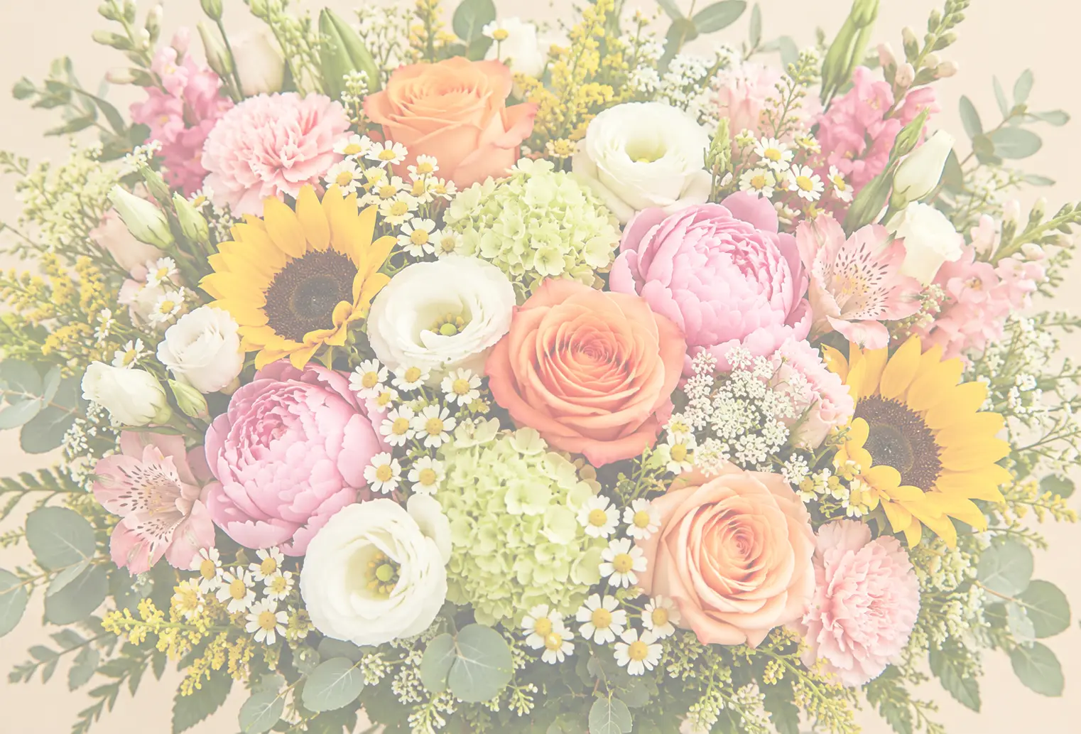 Colorful bouquet of orange roses, sunflowers, pink peonies, and white flowers.