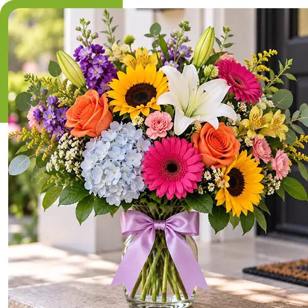 Colorful bouquet of sunflowers, orange roses, pink gerbera daisies, white lilies, blue hydrangeas, 
                  purple flowers, yellow blooms, and greenery arranged in a clear glass vase with a lavender ribbon on a sunny porch from Shoreline Florist in New London, CT