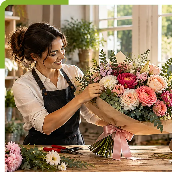 Florist arranging a colorful bouquet of roses, tulips, peonies, and greenery in a flower shop from Shoreline Florist in Essex, CT