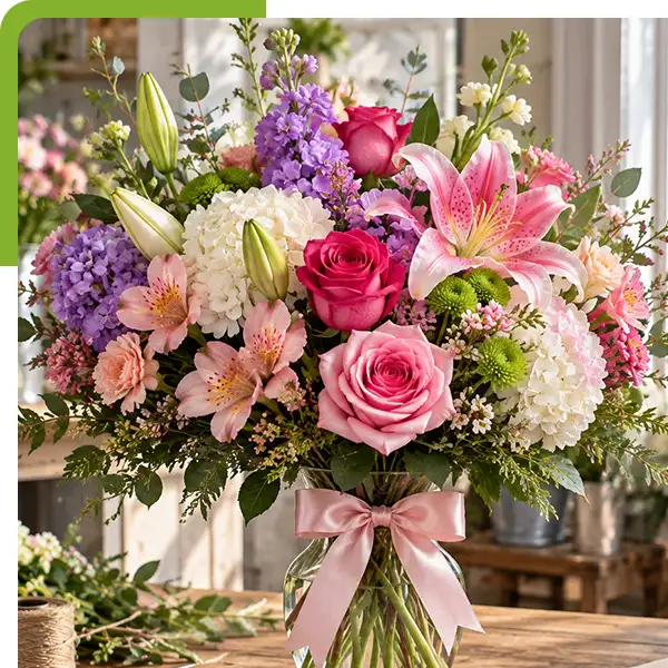 Lush mixed flower bouquet featuring pink roses, pink lilies, peach flowers, purple blooms, white hydrangeas, green chrysanthemums, 
                    and fresh greenery in a clear glass vase with a pink ribbon, displayed on a florist’s worktable overlooking a scenic waterfront from Shoreline Florist in New London, CT