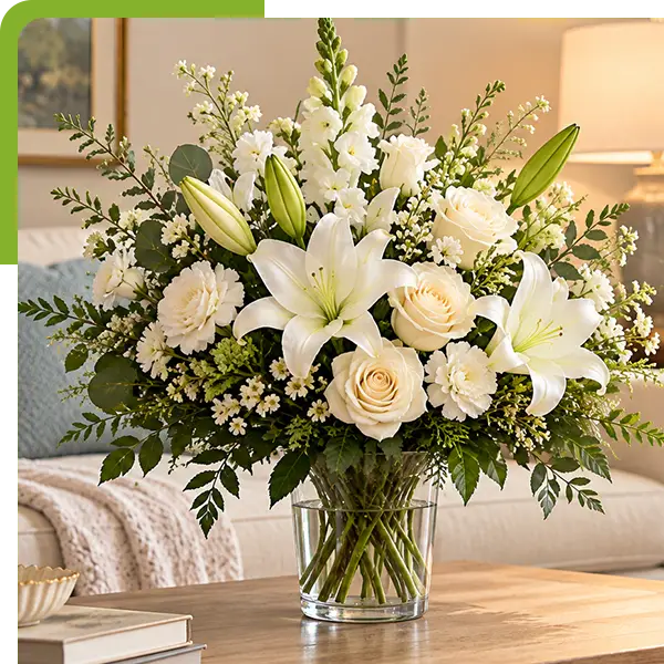 White sympathy flower arrangement in a glass vase on a living room table.